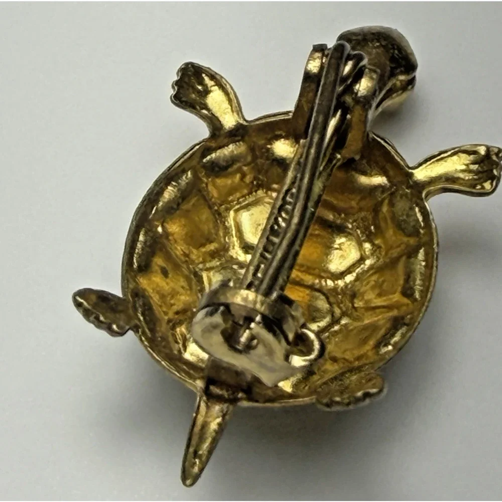 Vintage Turtle Pin Brooch Gold Tone Turquoise Blue Textured Shell Korea 1